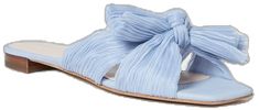 Elegant Evening Slides, Trendy Blue Slides For Summer, Elegant Summer Open Toe Slides, Light Blue Slides For Beach, Light Blue Flat Slides For Beach, Elegant Open Toe Slides For Summer, Light Blue Flat Slides For The Beach, Spring Evening Slides, Chic Summer Party Slides