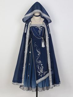 Dark Blue Embroidery Detail Chain Design Dress + Cloak Set Cape Set, Dress Cape, Mode Tips, Chique Outfits, Fantasy Dresses, Fantasy Gowns, Cape Dress