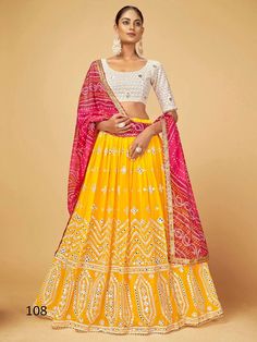 Saundaryam Fashions| Georgette with Bandhani Dupatta Haldi Festive Lehenga Choli In Yellow color - Cost Includes Lehenga Dupatta Unstitched Choli Product Details: Fabric:Lehenga: Georgette Blouse: Georgette Dupatta: Georgette Color Family: Yellow Style: Flared Occasion: Festive,Haldi Washing Instruction: Dry Wash Blouse Size: M-38 [Margin With 2 Inch Margin Both Side It Can Be Alter Up To 42 Size] The Semi-stitched Lehenga Waist and Hips are customizable Length: 41 Lehenga Waist: Supported Up To Georgette Bandhani Print Dupatta For Reception, Reception Georgette Dupatta With Bandhani Print, Reception Dupatta In Georgette With Bandhani Print, Navratri Bandhani Print Sharara For Reception, Eid Bandhani Print Sets For Reception, Traditional Bandhani Print Sets For Reception, Festive Bandhani Print Lehenga For Reception, Festive Bandhani Print Anarkali Set For Reception, Semi-stitched Bandhani Print Traditional Wear For Reception