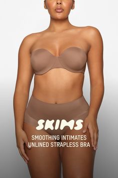 This sleek, supportive strapless bra is a double layered solution with comfortable hidden cushion underwire and ultra-wide wings that perfectly smooth your back and sides. Features silicone tape along the neckline and wing to keep it in place all day long, smoothing adjustable straps, and a hook and eye back closure. Fits true to size. | SKIMS Unlined Strapless Bra | Medium Neutral | 44A | Smoothing Intimates Bra Calculator, Silicone Tape, High Waisted Briefs, Ultra Wide, T Shirt Bra, Strapless Bra, Lingerie Fashion, Wide Waistband, Push Up Bra