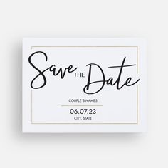 save the date card with black ink on white paper and gold foil lettering, in front of a gray background