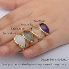 Pear Shape Ring | Natural Moonstone-Labradorite-Amethyst-Morganite Ring | Solid 14K Yellow Gold | Valentine's Wedding Ring | Minimalist Ring | Jewelry Gift For Her        >> About this product:- * SKU Code: SR01623  * Handmade/ Handcrafted Fine Jewelry * Metal: 14K Solid Yellow Gold (with Stamped) * Metal Purity: 14K * Custom Metal Purity: 14K/ 18K  * Amethyst Gemstone Weight: 5 Ct. (100% Real Natural mines gemstone) >> Sizing & Measurements:- * Ring Size:- 3 to 10  >> We will make a great gift for the upcoming festive season - or for birthdays, Valentine's Day, anniversaries, engagements, parties, or just any special occasion, and the item comes along with a complimentary jewelry box. ✦ Shipping:- Please allow us up to 1-2 weeks for the manufacturing process, but some of the custom-made i 14k Gold Rings With Natural Stones For Gift, Dainty Natural Stone Rings For Anniversary, Minimalist Natural Stone Ring For Anniversary, Elegant Stackable Rings With Natural Stones For Anniversary, Minimalist Gold Amethyst Ring, Minimalist Faceted Wedding Rings, Morganite Teardrop Jewelry Gift, Teardrop Morganite Jewelry Gift, Wedding Rings With Natural Stones In Open Ring Shape