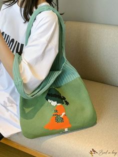 Bird in Bag - Large Knitted Bag with Stylish and Versatile Design for Outdoor Activities - Large Capacity. Knitted Bag, Green Pattern, Shoulder Tote Bag, Bird In Bag, Shoulder Tote, Large Bags, Outdoor Activities, Color Blocking, Fashion Bags