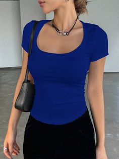 Women's Summer Solid Color Round Neck Short Sleeve Slim Fit Casual T-Shirt Royal Blue Casual  Short Sleeve Rib knit   Medium Stretch  Women Clothing, size features are:Bust: ,Length: ,Sleeve Length: Royal Blue Top Outfit, Short Sleeve Sweater Outfit, Quince Fits, Voltaire High, Blue Top Outfit, Royal Blue Shirt, Thrift Board, Royal Blue Shirts, Royal Blue T Shirt