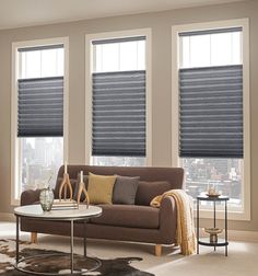 a living room filled with furniture and two windows covered in shades of grey blind blinds