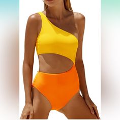 Nwt Yonique One-Piece Swimsuit One Shoulder Swimsuit Neck Swimwear Monokini Small Size 4-6 One Shoulder Swimsuits For Women: Asymmetrical One Shoulder Neckline With Wide Strap Right Adds Sexy Element To The One-Piece Swimwear. The One-Piece Swimsuits With Cut-Out Neckline Feature A Two-Tone Splicing And A Colour Block Design That Looks Very Cute And Unique. Cut Out One Piece: Deep Neckline Opening On The Right Side Of The Waist Shows Your Body Curvy And Makes You Look Slimmer And Attractive. Thi Roxy Swimsuit, Orange One Piece, Tropical Swimsuits, Backless One Piece Swimsuit, Strapless Swimsuit, Skirted Swimsuit, Maternity Swimsuit, One Shoulder Swimsuit, Swimsuits For Women