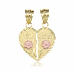 10K Solid Yellow Rose Gold Te Amo Half Heart Pendant • Metal: 10K Yellow Rose Gold • Option 1: 16.0mm (0.6”) Length, 14.0mm (0.6”) Width, 1.7g Avg Weight • Option 2: 20.0mm (0.8”) Length, 18.0mm (0.7”) Width, 2.0g Avg Weight • Option 3: 25.0mm (1.0”) Length, 23.0mm (0.9”) Width, 2.8g Avg Weight • Stamp: 10K • Chain: Sold Separately • Complimentary Gift Box   Images may be enlarged to show details. Please read description. Pink Heart-shaped Engraved Jewelry, Valentine's Day Pink Engraved Jewelry, Mother's Day Engraved Pink Jewelry, Gift Box Images, Crystal Jewelry Necklaces, Half Heart, Rose Gold Butterfly, Beads Bracelet Design, Rose Gold Heart