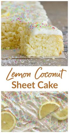 lemon coconut sheet cake with white frosting and sprinkles