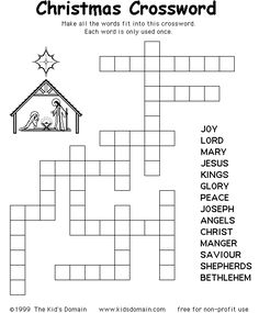 the christmas crossword is shown in black and white, with an image of a manger