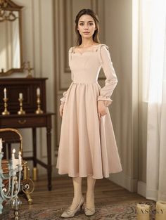 Lasaky - Bridesmaid Long Sleeve Wedding Dress, Suitable for Regular Wear Fitted Long Sleeve Bridesmaid Dress For Prom, Fall Wedding A-line Evening Dress, Elegant Long Sleeve Bridesmaid Dress For Banquet, Long Sleeve Dresses With Fitted Bodice For Bridesmaids, Elegant Solid Color Dress For Banquet, Elegant Solid Color Evening Dress, Beige Square Neck Wedding Dress, Feminine Solid Color Bridesmaid Dresses, Solid Long Sleeve Dresses For Wedding Guests