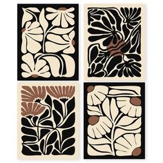 four black and white paintings with flowers on them