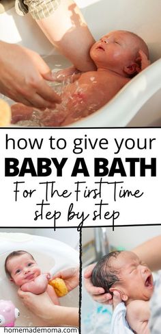 the baby is taking a bath in the tub with his mother and father's hands