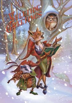 an owl is standing next to a fox in the snow, reading a book while another animal looks on