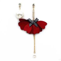 Red Silky Flower Petal Pearl Gold Plated Chain Drop Earrings Women Fashion Jewelry Size: Pearl: 0.75 X 0.75 Inch Shorter Side: 0.75 (W) X 1.25 (L) Inches Longer Side: 2(W) X 4 (L) Inches Metal: Alloy Material: Fabric Red Flower Charm Jewelry For Valentine's Day, Elegant Red Flower Earrings For Party, Elegant Red Flower-shaped Jewelry, Red Flower Charm Earrings, Red Flower Earrings For Party, Red Dangle Flower Earrings For Valentine's Day, Elegant Red Flower Earrings, Red Drop Earrings With Flower Charm, Red Flower Shape Earrings For Party