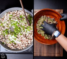 two pictures show the process of cooking mushrooms and other ingredients in a skillet with tongs