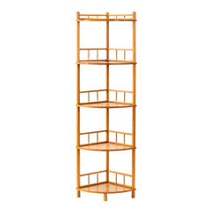 a tall wooden shelf with four shelves on each side