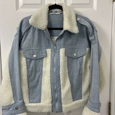 Really Cute Faux Fur And Jean Combo Oversized Jacket In Size Small Perfect Condition Never Worn White Denim Outerwear For Fall, Trendy White Outerwear With Faux Fur Lining, White Casual Outerwear With Faux Fur Trim, Casual White Outerwear With Faux Fur Trim, Blue Outerwear With Faux Fur Lining And Long Sleeves, Trendy Blue Outerwear With Faux Fur Trim, Fluffy Denim Jacket, Blue Trendy Outerwear With Faux Fur Trim, Faux Fur Denim Jacket