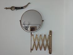 there is a mirror on the wall next to a coat rack and an antler's head