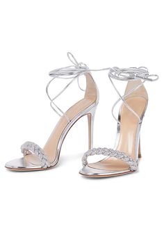 Elegant Open Toe Heels With 4-inch Heel, Glamorous Ankle Strap Wedding Shoes For Gala, Glamorous Almond Toe Sandals With 4-inch Heel, Glamorous Sandals With 4-inch Heel For Party, Prom Heels With 4-inch Heel For Party Season, Glamorous Wedding Shoes With 4-inch Heel For Evening, Elegant Evening Wedding Sandals, Silver Sandals With 4-inch Heel For Prom, Padded Heel Summer Wedding Shoes