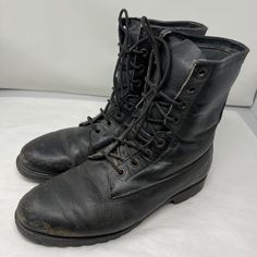 "Vintage 80s Czechoslovakian Jumper Black Work Boots with Slip Resistant Soles SIZE: US MEN 12  WIDTH: 4 1/2\" LENGTH OUTSOLE: 12 3/4\" HEIGHT: 10\" HEEL: 1\" MATERIAL: Leather  COLOR: Black GOOD VINTAGE CONDITION. Made by unknown, only could read they were made in czechoslovakian" Vintage Black Boots With Reinforced Heel, Vintage Work Boots With Rubber Sole And Plain Toe, Vintage Combat Boots With Snip Toe And Leather Sole, Vintage Combat Boots With Leather Sole, Vintage Combat Ankle Boots With Leather Sole, Vintage Winter Lace-up Boots With Snip Toe, Vintage Black Plain Toe Boots, Vintage Work Boots With Leather Sole And Round Toe, Vintage Work Boots With Leather Sole