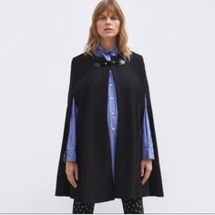 Zara Monteco, Premium Quilty Fabrics ( Limited Edition), Black, Wool 75%), Soft Inside Viscose (100%) Liner, Women’s Cape Coat. Nwot Size Xs, I Am Pretty Sure This Could Fit A Small & Med Too. -Side Pockets -Rope Woven Button Closure -Oversized -Fall -Autumn -Winter -Date Night -Winter Vacation -Versatile -Dress Up Or Down -Career Wear -Party -Night On The Town See Photos For Measurements Offers Welcome Chic Winter Cape For Workwear, Chic Winter Workwear Cape, Chic Cape Outerwear For Office, Chic Office Cape Outerwear, Black Cape-style Outerwear For Work, Formal Spring Cape Outerwear, Formal Cape Outerwear For Spring, Chic Fall Cape For Workwear, Chic Fall Workwear Cape