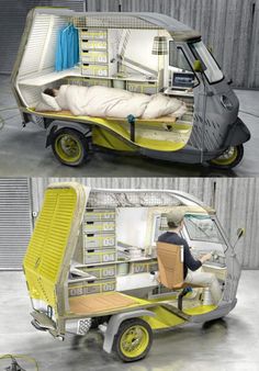 two pictures of a small vehicle with a bed in the back