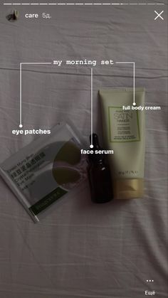 the contents of a skin care set laid out on a bed with text describing what it's like to use