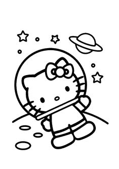 the hello kitty coloring page is shown in black and white, with stars around it