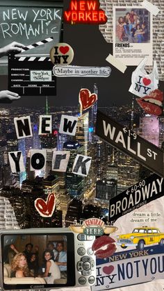 a collage of photos and stickers with the words new york on them