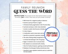 the family reunion guess the word game is shown on a pink and blue watercolor background