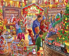 a christmas jigsaw puzzle is shown with people in front of it and presents on the floor