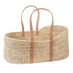 the basket is made out of straw and has two straps on each side, one for carrying