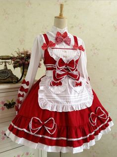 Red And White Lace Bowknot Sweet Lolita Dress Set Red Vintage Cosplay Dress, Red Vintage Dress For Cosplay, Red Vintage Dresses For Cosplay, Cute Red Dress With Bow, Cute Red Dress With Doll Collar, Red Victorian Dress With Ruffles For Costume Party, Sweet Red Dress With Ruffles, Red Ruffled Dress With Peter Pan Collar, Red Dress With Ruffles And Peter Pan Collar