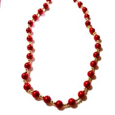 Bright Beautiful Wine Red Pearls Are Matched With Tiny Gold Beads To Make Up This Bold Necklace. The Pearls Are Man Made Cultured Red Pearls That Are 8mm And The Tiny Gold Glass Beads Are 4mm. The Whole Handmade Necklace Is 18" In Size. Classy And Bright This Could Go With So Many Different Outfits. I Hope You Like And Thanks For Stopping By. Feel Free To Leave Me A Fair Offer. :) Gold Beads Necklace, Dainty Bar Necklace, South Sea Pearl Necklace, Choker Handmade, Bold Necklace, Sterling Silver Heart Pendant, Sunflower Necklace, Pearl Strand, Stone Beaded Necklace