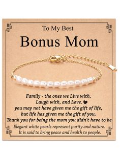 PRICES MAY VARY. [Gifts for Bonus Mom] - You must love your bonus mom very much, and give her a present to show your gratitude! Every time she wears the bracelet, she will feel your love and the close bond between you and her. "DNA doesn't make our family, laugh and love does" [Bonus Mom Bracelet] - Artificial pearl bracelet is a classic fashion accessory, white pearls also symbolize health and happiness. The Bracelet comes with a meaningful gift card, all items are packed in a bag. Great gifts White Bracelets For Mother's Day, Inspirational White Jewelry For Mother's Day, Meaningful Jewelry For Birthday Gifts, Meaningful Bracelets For Birthday And Mother's Day, Meaningful Bracelets As Mother's Day Gift, Meaningful White Jewelry For Mother's Day, Birthday Bracelets For Mother's Day, Bracelets For Birthday And Mother's Day, Inspirational Bracelets For Birthday And Valentine's Day