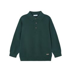 Alpine green polo shirt for boys by Mayoral, knitted in a soft cotton and wool blend. This timeless design has a pointed collar, long sleeves and button fastenings on the front. Green Wool Sweater With Ribbed Collar, Knitted Collared Polo Sweater For Fall, Classic Green Polo Collar Sweater, Classic Green Wool Sweater, Classic Green Sweater With Ribbed Collar, Green Long Sleeve Polo Sweater For Winter, Classic Green Long Sleeve Sweater, Green Polo Collar Top For Fall, Green Long Sleeve Polo Sweater