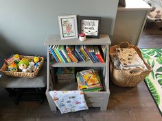 the bookshelf is full of children's toys and other items in baskets