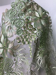 Gorgeous Lace Fabric Green and Gold Embroidered Floral Fabric | Etsy Elegant Green Gown With Floral Embroidery, Green Dress With Floral Embroidery For Reception, Green Floral Embroidery Party Gown, Green Floral Embroidered Party Gown, Green Embellished Organza Gown, Green Organza Party Gown, Fitted Green Gown With Floral Embroidery, Green Organza Gown For Banquets, Green Organza Gown For Banquet