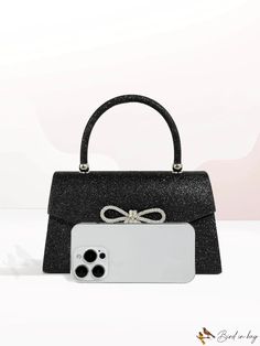 BirdinBag - Black Glitter Bow Evening Bag: Elegant Top Handle Crossbody for Wedding Parties Bag Elegant, Wedding Parties, Glitter Bow, Word Wrap, Black Crossbody, Black Glitter, Square Bag, Evening Bags, Top Handle