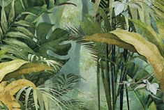 an artistic painting of tropical plants and birds