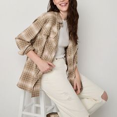 Cut for an oversized-fit, this flannel button-down shirt from Arizona's junior's and women's collection is an ode to '90s grunge styling with a new trend twist. It's made from a lightweight cotton twill and has a spread collar, flap chest pockets, long sleeves, and a curved hem. Wear it over a crop top with high-rise jeans and boots.Closure Type: ButtonFit: Oversized FitPockets: 2 Chest Flap PocketsSleeve Length: Long SleeveSleeve Style: Cuffed SleeveApparel Length: 29 InchesFiber Content: 100%… Trendy Fall Shirt For Daywear, Casual Flannel Shirt For Fall, Cotton Flannel Shirt For Fall Daywear, Flannel Shirt For Everyday Spring Wear, Spring Flannel Shirt For Everyday, Oversized Casual Flannel Shirt For Spring, Trendy Relaxed Fit Flannel Shirt For Fall, Casual Flannel Shirt For Spring, Casual Flannel Button-up Shirt