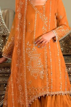 Heavily Embellished Rust Orange Pakistani Party Dress: Stunning Kameez Sharara Combination Anarkali Cambric Kurta For Party, Elegant Cambric Anarkali Set For Navratri, Festive Party Kurta In Cambric, Festive Cambric Kurta For Party, Elegant Cambric Sharara For Festive Occasions, Diwali Cambric Dresses With Zari Work, Festive Dresses With Dabka In Cambric, Festive Dresses In Cambric With Dabka Detail, Elegant Cambric Traditional Wear For Navratri