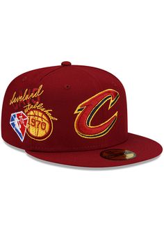 the cleveland hawks new era 59fifty fitted hat is shown in red and gold