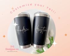 two personalized yeti tumblers sitting next to each other on a pink background