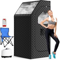 a woman standing next to a portable cooler