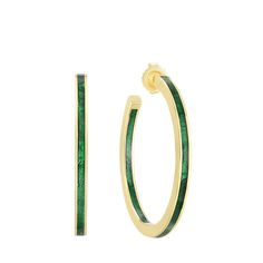 Audrey C. Jewels hoop earrings. Polished 18-karat yellow gold set with enamel. Push-lock backs for pierced ears. Approx. 1.5" diameter. Made in USA. Yellow Gold Setting, Gold Set, Pierced Ears, Bergdorf Goodman, Ear Piercings, Made In Usa, Tops Designs, Jewelry Earrings, Hoop Earrings