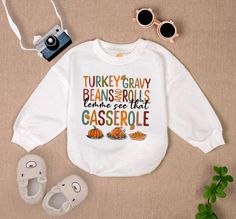 Turkey Gravy Beans And Rolls Let Me See That Casserole Baby Romper, Turkey Gravy Baby Outfit, Thanksgiving Baby Clothes, Halloween Baby Gift Ships from USA 100% Cotton (fiber content may vary for different colors) .: Medium fabric (5.3 oz/yd² (180 g/m .: Classic fit .: Runs true to size HOW TO ORDER Pick you favorite design. Review the size & color charts above FIRST and then select shirt size and color from the dropdown menu. Indicate the birthday year in the personalization box. Please note si Halloween Baby Gift, Thanksgiving Baby Outfits, Thanksgiving Baby, Turkey Shirts, Turkey Gravy, Halloween Baby, Baby Outfit, Color Charts, Baby Halloween