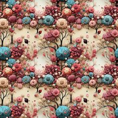 an artistic wallpaper with trees and flowers on it's side, in shades of red, pink, blue and beige