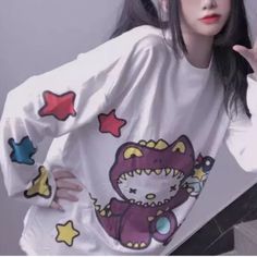 Cute Kitty Top For Girls Or Women Kuromi Clothes, White Dinosaur, Cute Kitty, Fashion Color, Fashion Colours, Kawaii Fashion, Shirt Top, Crochet Clothes, Cute Cartoon