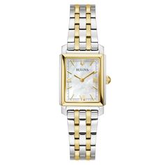 This sleek Sutton women's watch from Bulova features a 21mm two-tone stainless steel case and bracelet with a white mother-of-pearl dial featuring gold-tone hands and markers. Additional features of the watch include a domed mineral crystal, push button deployment clasp and water resistance to 30 meters. Bulova Watches, Skagen, Two Tone Watch, Women's Watch, White Dial, Stainless Steel Watch, Minerals Crystals, Steel Bracelet, Stainless Steel Bracelet